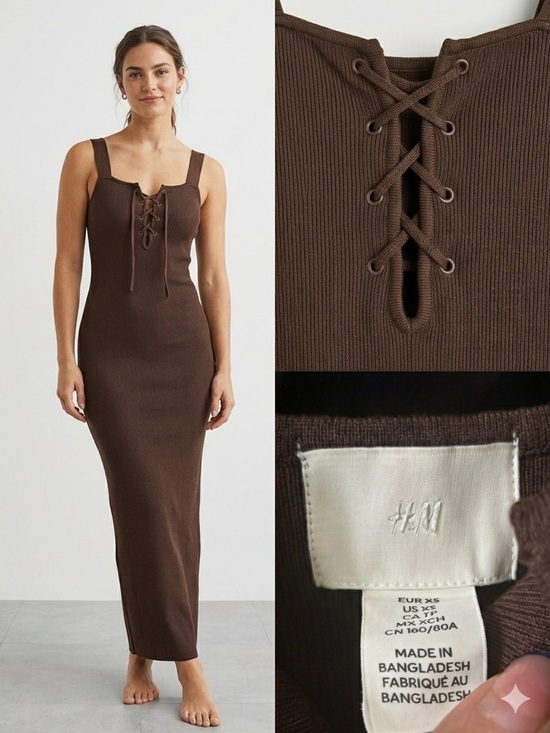 H&M Dresses & Skirts - H&M Brown Ribbed Lace-Up Maxi Dress